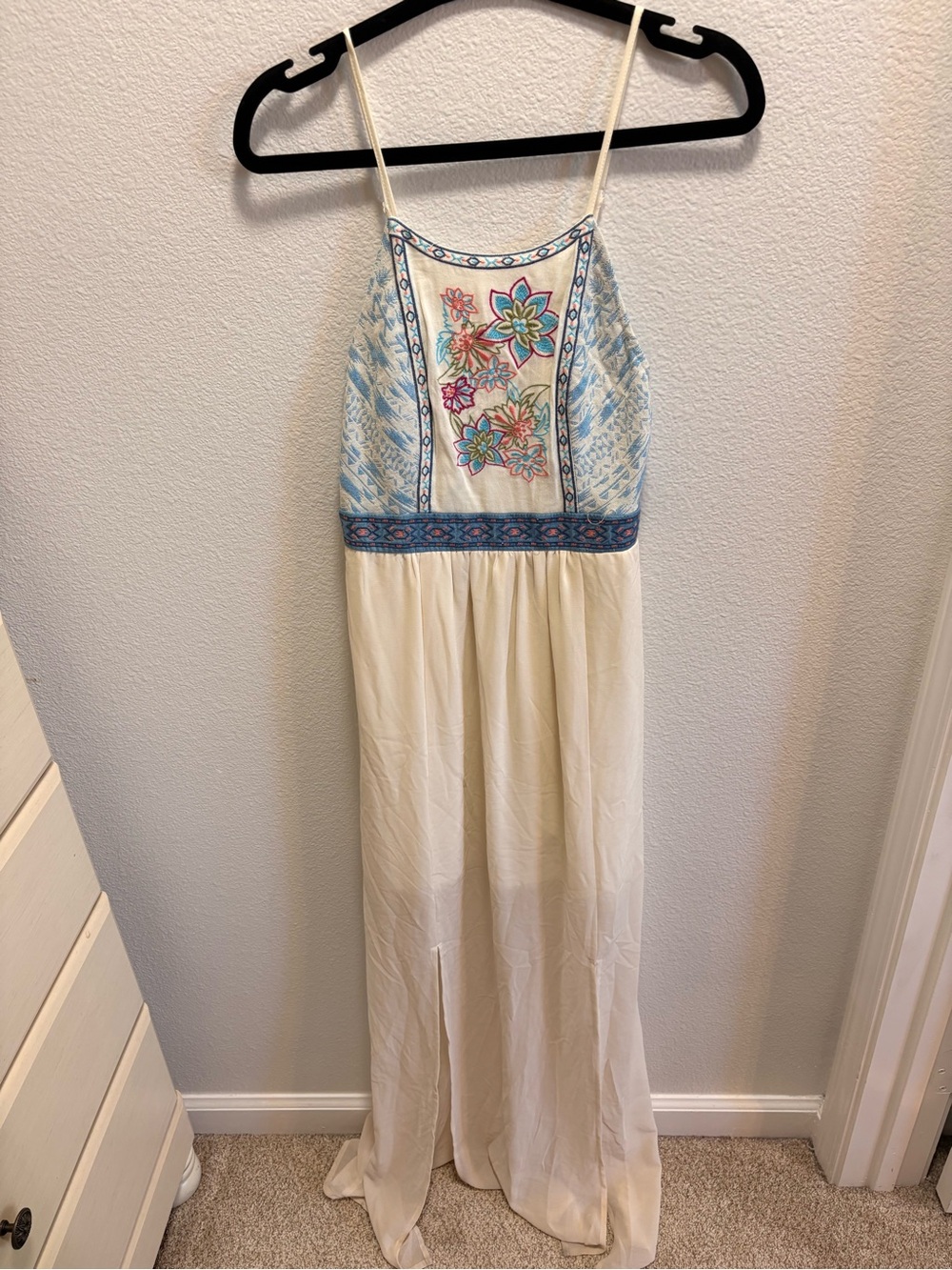 Flying Tomato Cream Maxi Dress with Blue & Multicolor Embroidered Bodice